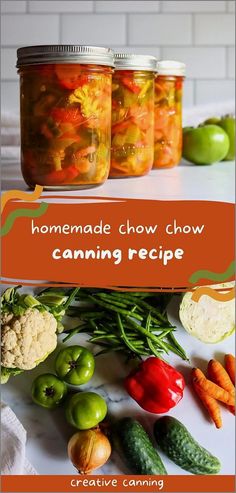 the homemade chow chow is ready to be cooked in jars and put into mason jars