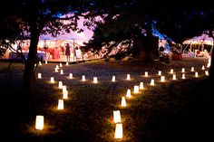 many lit candles are placed in the grass