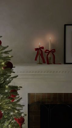 a decorated christmas tree in front of a fireplace