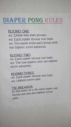 a paper sign with instructions on how to play the game in diaper pong rules