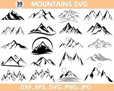 mountain svg clipart set with mountains and sun in the sky, black and white