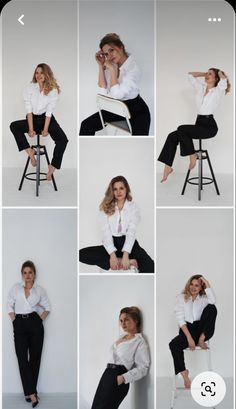 a woman sitting on top of a chair wearing black pants and a white button up shirt