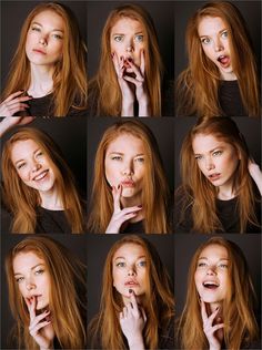 many different pictures of a woman making funny faces with her hands on her mouth and fingers in the other hand