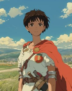 an anime character standing in the grass with a red cape over his shoulders and hands on his hips