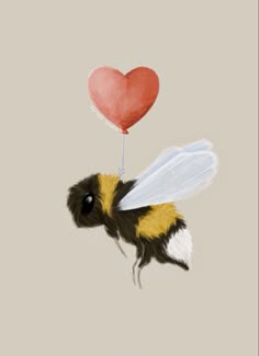 a painting of a bee flying with a heart shaped balloon attached to it's back