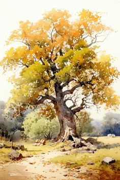 a watercolor painting of a tree with yellow leaves on it's trunk and branches