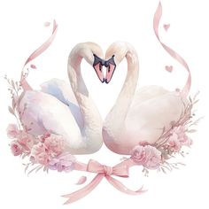 two white swans with pink flowers in the shape of a heart on a white background