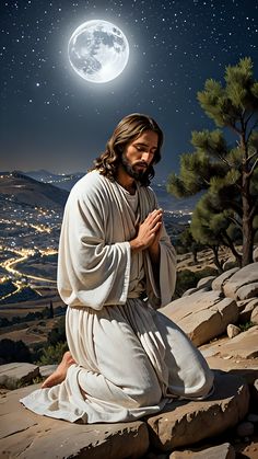 jesus sitting on the rocks with his hands folded in prayer under the moonlit sky