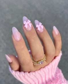 My next nail set will be these cute simple coquette pink nails with bows. It is so subtle and its giving IT girl energy. Coquette Nails Almond, Bday Nails, Bow Nail Art, Baby Pink Nails, Queen Nails, Aesthetic Nails