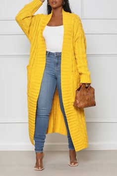 Long Cable Knit Cardigan, Knit Pocket, Looks Jeans, Charlotte Dress, Knit Sweater Coat, Patchwork Cardigan, Cardigan Casual, Yellow Cardigan, Gilet Long