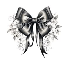 a black bow with flowers and leaves on the side is featured in this tattoo design