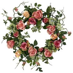 a wreath with pink roses and green leaves