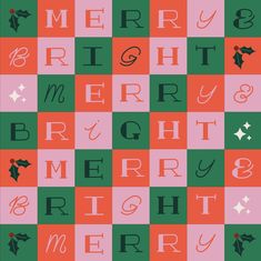 a christmas card with the words merry and merry written in red, green, and pink