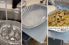 three pictures show how to make pasta in foil pans and then put them in the oven