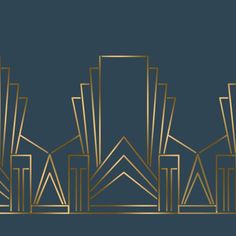 an art deco design with gold lines on a dark blue background that is in the shape of a cityscape