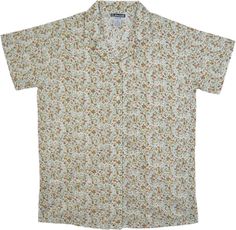 A soft and cool white cotton voile shirt in cute brown dense floral print.  It's a loose-fit, lightweight, airy and summery, open-front buttoned shirt with vintage style collars. #tlb #vacationclothing #beachwrap #Floral #Printed #SummerShirt #FloralCottonShirt #Cottonshirt #BeachShirt White Cotton Camp Shirt With Floral Print, Spring Floral Print Camp Shirt With Spread Collar, White Floral Print Camp Shirt For Spring, Casual White Blouse With Ditsy Floral Print, White Floral Print Tops With Collared Neckline, White Floral Print Top With Collared Neckline, White Tops With Floral Print And Collared Neckline, Spring Camp Shirt With Floral Print And Spread Collar, Summer Printed Blouse With Spread Collar