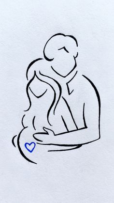 a drawing of a man and woman hugging each other with a blue heart in the middle