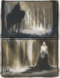 two paintings of people in the woods, one with a wolf on it's back