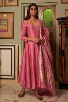 Shop for Zoon Pink Anarkali Set With Chanderi Banarasi Dupatta for Women Online at Aza Fashions Sheer Pant, Banarasi Fabric, Onion Pink, Pink Anarkali, Silk Anarkali, Sheer Pants, Dresses Traditional, Ready To Wear Saree, Indian Dresses Traditional