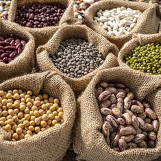 bags filled with beans and peas on top of a table