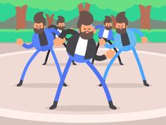 three men in blue pants and black shirts are dancing on a paved area with trees behind them