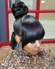 Bangs Black Women, Black Hair Bun, Weave Ponytail Hairstyles, Black Ponytail Hairstyles, Pony Tails, High Bun, Hair Buns, Hairstyle Gallery, Hair Ponytail Styles