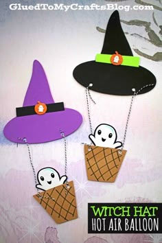 three halloween crafts made out of popsicles and witches hanging from chains with text overlay that says, witch hat hot air balloon