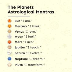 the planets astrological mantras are shown in different colors and sizes, with text above them