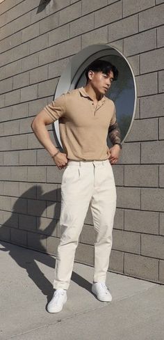 Champagne Mens Outfit, Beige Casual Outfit Men, Cream Shirt Brown Pants Men, Brown And Cream Mens Outfit, Mens Cream Shirt Outfit, Polo T Shirt With Formal Pant, White Shirt Cream Pants Men, Cream And Black Outfits Men, White And Khaki Outfit Men