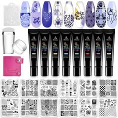 PRICES MAY VARY. Package List: 12 Nail Stamping Plates+8 Stamping Nail Gels+1 Silicone Frosted Stamper+1 Clear Head+1 Scraper+1 Storage Bag+ Box. It can meet your daily needs. If you feel it difficult to transfer, try to practice a few times or contact us. Stamping Nail Gel Polish: 8 Colors black, white, blue, gold, green, purple, red, silver. Nail art stamping gel is super pigmented and saturated with nice consistency. 'NOTE' Need UV Lamp Curing! Nail Stamping Plate: It is made of 304 stainless Nail Stamp Kit, Stamping Nail Polish, Nail Art Stencils, Art Stencils, Curved Nails, Nail Polish Gel, Nail Art Stamping, Nail Stamper, Nail Art Stamping Plates