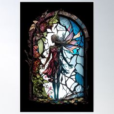 a stained glass window with a fairy standing in front of it and looking at the sky