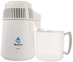 a white coffee maker next to a mug on a white background with the logo morphubinoe