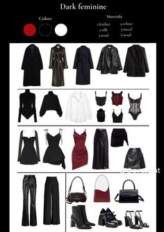 Red And Black Capsule Wardrobe, Avant Garde Capsule Wardrobe, Dark Feminine Essentials, Dark Feminine Clothing Aesthetic, Dark Feminine Wardrobe Essentials, Classy Grunge Aesthetic, Luxury Gothic Outfit, Winter Outfits Dark Feminine, Dark Feminine Work Outfits