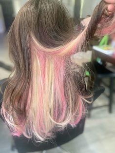 Hair done by @cosmo.christy on Instagram! Star On Hair Dye, Funky Hair Colors For Brunettes, Halo Ring Hair Dye, Napoleon Hair Color, Curly Neopolitan Hair, Pickaboo Hair Dye, Hair Color Patterns Ideas, Neopolitan Hair Curly, Neapolitan Curly Hair