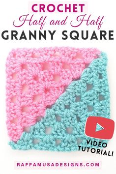 a crochet half-and-half granny square crocheted with two colors divided along the diagonal Granny Square Video, Half Granny Square, Crochet A Granny Square, Joining Granny Squares, Easy Crochet Projects, C2c Crochet, Learn How To Crochet, Half And Half