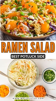 this is an image of ramen salad with carrots and peas