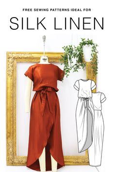 the silk linen sewing pattern is shown in front of a gold frame and an orange dress