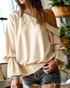 Material: Cotton Gender: Women Item Type:Tops Sleeve Length:Long Sleeve Color: Apricot Size: S, M, L, XL Dip Hem Blouse, Blouse Size Chart, Plain Blouse, Chic Type, Blouse Material, Bell Sleeve Blouse, Hottest Fashion Trends, Blouse Online