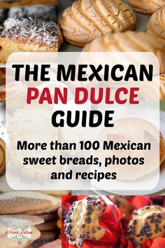 A collage with Mexican pan dulce photos and a title that says "The Mexican Pan Dulce Guide" Besos Pan Dulce Recipe, Mexican Pastries Recipes, Mexican Pastry Recipes, Mexican Bakery Recipes, Mexican Baking Recipes, Mexican Pastry, Mexican Baked Goods