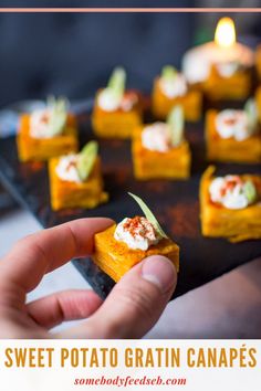 sweet potato grain canapes on a tray with a candle in the background and text overlay reading sweet potato grain canapes