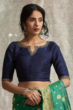 Raw Silk Blouse, Dori Work, Saree Blouses Online, Zardozi Work, Fashionable Saree Blouse Designs, Notched Neckline, Navy Blue Blouse, Utsav Fashion, Sari Blouse