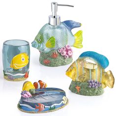 three bathroom accessories including soap dispenser, toothbrush holder and glass cup