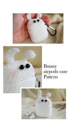 crochet bunny purse with eyes and ears is shown in three different pictures, including the