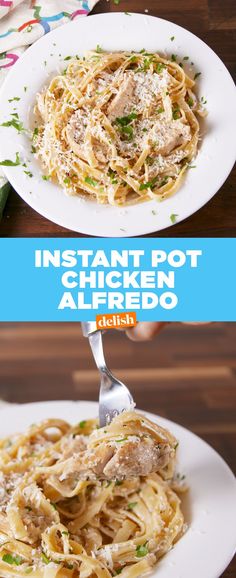 an image of instant pot chicken alfredo on a white plate with a fork in it