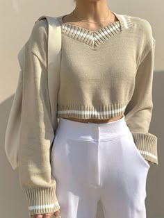 Striped Trim Drop Shoulder Crop Sweater Apricot Casual  Long Sleeve Knitwear Plain Pullovers Slight Stretch  Women Clothing, size features are:Bust: ,Length: ,Sleeve Length: Ootd Sweater, Office Fits, Winter Office, Crop Pullover, Trendy Sweaters, Cropped Pullover, Shein Outfits, Stylish Sweaters, My Clothes