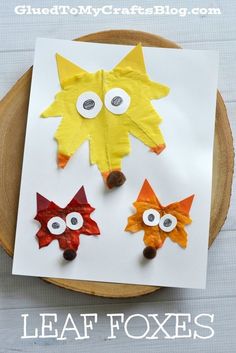 paper plate with three different types of leaves and eyes on it, sitting on top of a table