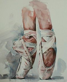 a painting of a ballerina's feet in white and pink shoes with tied up straps