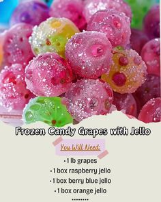 Grapes 1 lb\nRaspberry Jello 1 box\nDissolve Jello in boiling water. \nAdd grapes and refrigerate until firm. \nEasy and fun dessert for any occasion.\nPerfect for potlucks or parties.\nA delicious twist on traditional grapes.\n#FrozenCandyGrapes #EasyDesserts #JelloRecipe #PartyDesserts Grapes With Jello, Frozen Candy Grapes, Jello Grapes, Frozen Jello, Sour Candy Recipe, Candied Grapes Recipe, Fruit Popsicle Recipes, Raspberry Jello, Candy Grapes