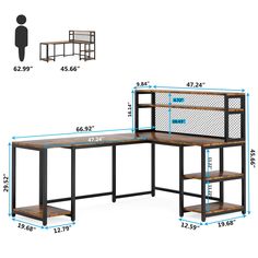 a desk and shelf with measurements for each piece