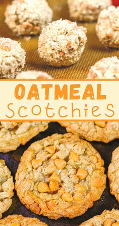 baked oatmeal cookies on a baking sheet with text overlay that reads, oatmeal scootches